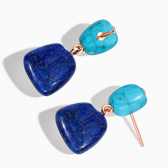 18KT Rose Gold Vermeil Freeform Turquoise & Lapis Lazuli Stud Earrings - Linked Fate Side View