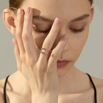 18KT Rose Gold Vermeil Gemini Zodiac Constellation Ring - London Blue Topaz Model Shot