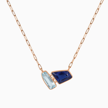 18KT Rose Gold Vermeil Geometric Aquamarine & Blue Sapphire Necklace - Twofold Glow Front View