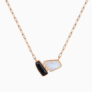 18KT Rose Gold Vermeil Geometric Black Onyx & Moonstone Necklace - Twofold Glow Front View