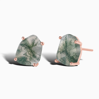 18KT Rose Gold Vermeil Geometric Freeform Moss Agate Stud Earrings - Facet Prism Front View