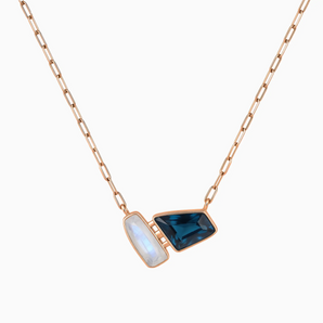 18KT Rose Gold Vermeil Geometric Moonstone & London Blue Topaz Necklace - Twofold Glow Front View