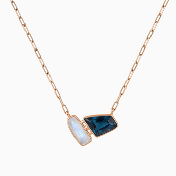 18KT Rose Gold Vermeil Geometric Moonstone & London Blue Topaz Necklace - Twofold Glow Front View