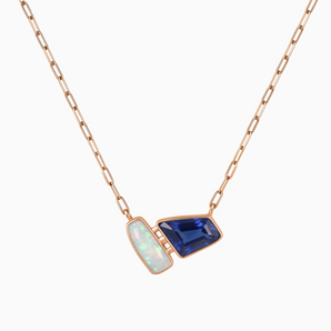 18KT Rose Gold Vermeil Geometric Opal & Blue Sapphire Necklace - Twofold Glow Front View
