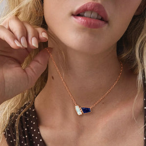 18KT Rose Gold Vermeil Geometric Opal & Blue Sapphire Necklace - Twofold Glow Worn View