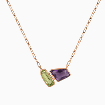 18KT Rose Gold Vermeil Geometric Peridot & Amethyst Necklace - Twofold Glow Front View