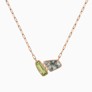 18KT Rose Gold Vermeil Geometric Peridot & Moss Agate Necklace - Twofold Glow Front View