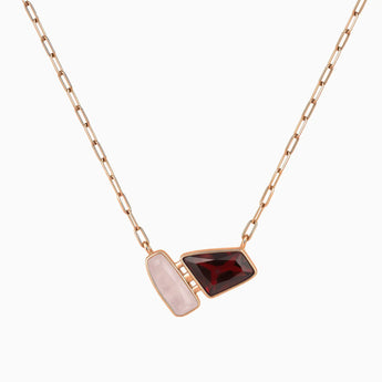 18KT Rose Gold Vermeil Geometric Rose Quartz & Garnet Necklace - Twofold Glow Front View