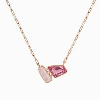 18KT Rose Gold Vermeil Geometric Rose Quartz & Pink Tourmaline Necklace - Twofold Glow Front View