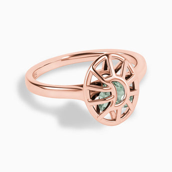 18KT Rose Gold Vermeil Green Amethyst Crescent Moon Hollow Oval Shaker Ring - Soul Cage Angled Front View