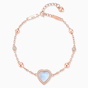 18KT Rose Gold Vermeil Halo Heart Moonstone Station Bracelet - Sweet Love Front View