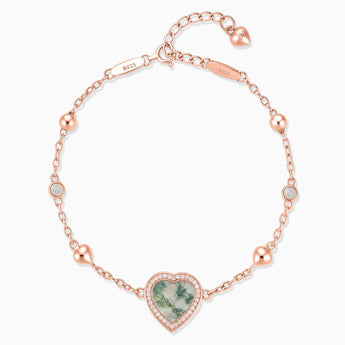 18KT Rose Gold Vermeil Halo Heart Moss Agate Station Bracelet - Sweet Love Front View