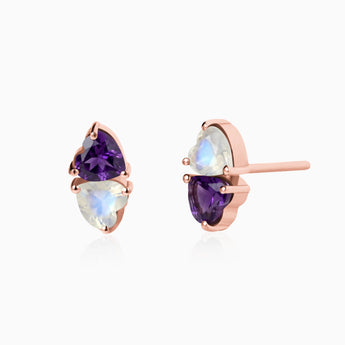 18KT Rose Gold Vermeil Heart Amethyst & Moonstone Toi et Moi Stud Earrings - Duality Front View