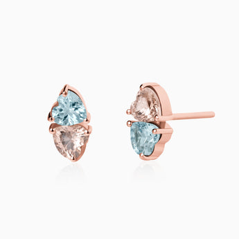 18KT Rose Gold Vermeil Heart Aquamarine & Morganite Toi et Moi Stud Earrings - Duality Front View