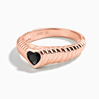 18KT Rose Gold Vermeil Heart Black Onyx Fluted Ring - Coeur Fold Front View