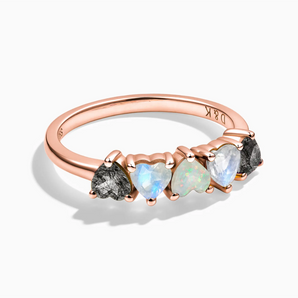 18KT Rose Gold Vermeil Heart Black Rutilated Quartz & Moonstone Arc Ring - Crescent Line Front View