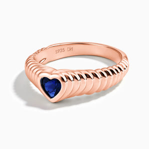 18KT Rose Gold Vermeil Heart Blue Sapphire Fluted Ring - Coeur Fold Front View