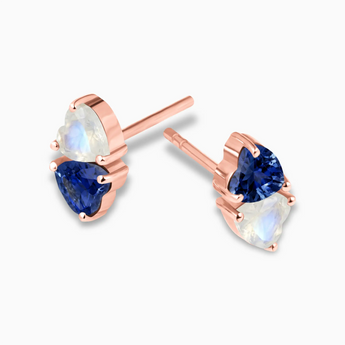 18KT Rose Gold Vermeil Heart Blue Sapphire & Moonstone Toi et Moi Stud Earrings - Duality Side View