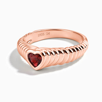 18KT Rose Gold Vermeil Heart Garnet Fluted Ring - Coeur Fold Front View