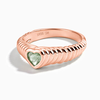 18KT Rose Gold Vermeil Heart Green Amethyst Fluted Ring - Coeur Fold Front View