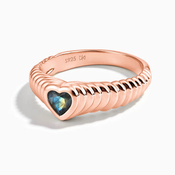 18KT Rose Gold Vermeil Heart Labradorite Fluted Ring - Coeur Fold Front View