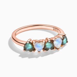 18KT Rose Gold Vermeil Heart Labradorite & Moonstone Arc Ring - Crescent Line Front View