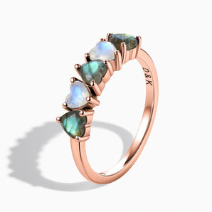 18KT Rose Gold Vermeil Heart Labradorite & Moonstone Arc Ring - Crescent Line Side View