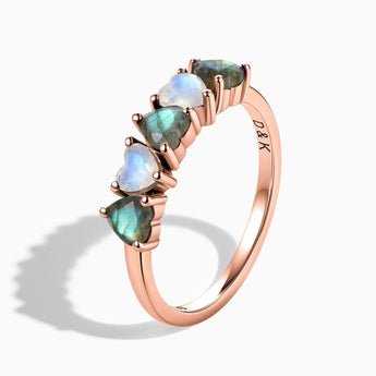 18KT Rose Gold Vermeil Heart Labradorite & Moonstone Arc Ring - Crescent Line Side View