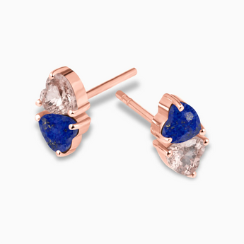 18KT Rose Gold Vermeil Heart Lapis Lazuli & Morganite Toi et Moi Stud Earrings - Duality Side View