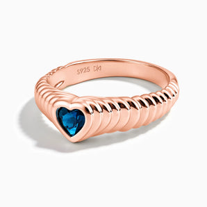 18KT Rose Gold Vermeil Heart London Blue Topaz Fluted Ring - Coeur Fold Front View