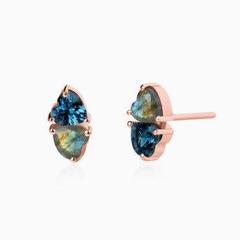 18KT Rose Gold Vermeil Heart London Blue Topaz & Labradorite Toi et Moi Stud Earrings - Duality Front View