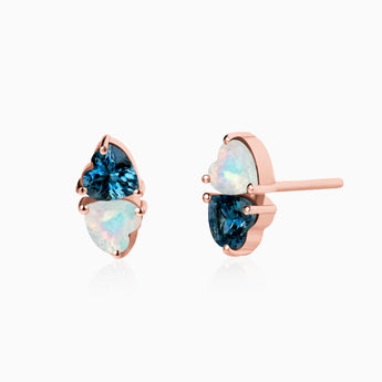 18KT Rose Gold Vermeil Heart London Blue Topaz & Opal Toi et Moi Stud Earrings - Duality Front View