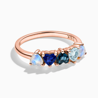 18KT Rose Gold Vermeil Heart Moonstone & Blue Sapphire Arc Ring - Crescent Line Front View