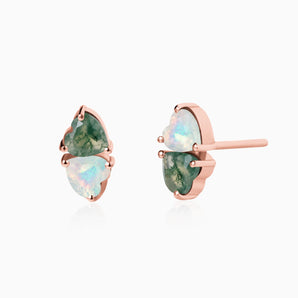 18KT Rose Gold Vermeil Heart Moss Agate & Opal Toi et Moi Stud Earrings - Duality Front View