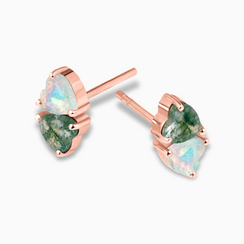 18KT Rose Gold Vermeil Heart Moss Agate & Opal Toi et Moi Stud Earrings - Duality Side View