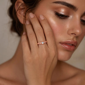 18KT Rose Gold Vermeil Heart Opal Fluted Ring - Coeur Fold Model Shot