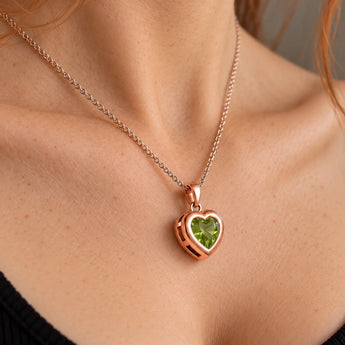18KT Rose Gold Vermeil Heart Peridot Bezel Necklace - Love Shelter Neck View