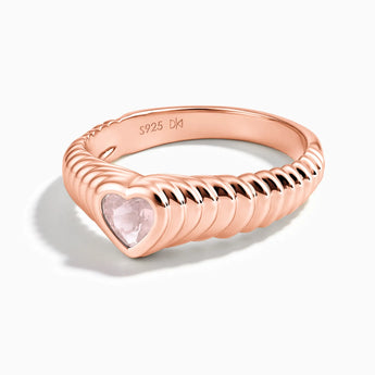 18KT Rose Gold Vermeil Heart Rose Quartz Fluted Ring - Coeur Fold Front View