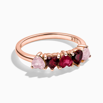 18KT Rose Gold Vermeil Heart Rose Quartz & Ruby Gradient Arc Ring - Crescent Line Front View