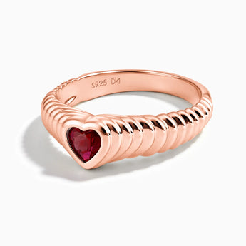 18KT Rose Gold Vermeil Heart Ruby Fluted Ring - Coeur Fold Front View