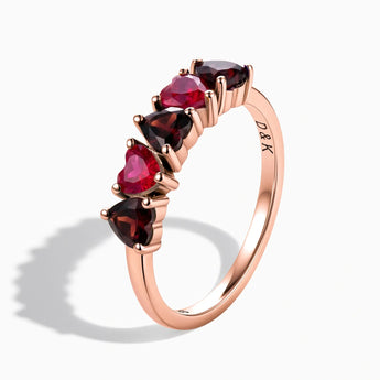 18KT Rose Gold Vermeil Heart Ruby & Garnet Arc Ring - Crescent Line Side View