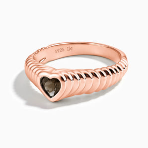 18KT Rose Gold Vermeil Heart Smoky Quartz Fluted Ring - Coeur Fold Front View