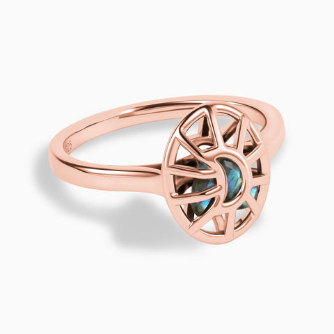 18KT Rose Gold Vermeil Labradorite Crescent Moon Hollow Oval Shaker Ring - Soul Cage Angled Front View