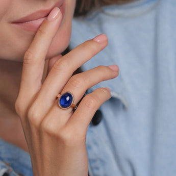 18KT Rose Gold Vermeil Large Cabochon Blue Sapphire Ring - Bold Serenity Model Shot