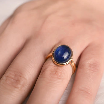 18KT Rose Gold Vermeil Large Cabochon Blue Sapphire Ring - Bold Serenity Worn View