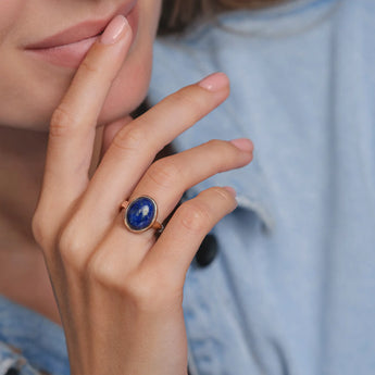 18KT Rose Gold Vermeil Large Cabochon Lapis Lazuli Ring - Bold Serenity Model Shot