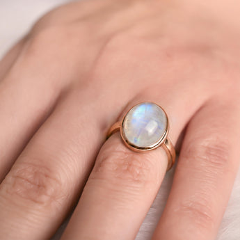 18KT Rose Gold Vermeil Large Cabochon Moonstone Ring - Bold Serenity Worn View
