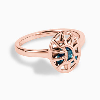 18KT Rose Gold Vermeil London Blue Topaz Crescent Moon Hollow Oval Shaker Ring - Soul Cage Angled Front View