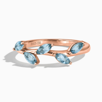 18KT Rose Gold Vermeil Marquise Aquamarine Leaf Ring - Secret Garden Front View