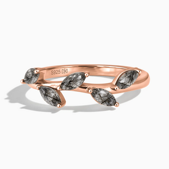 18KT Rose Gold Vermeil Marquise Black Rutilated Quartz Leaf Ring - Secret Garden Front View